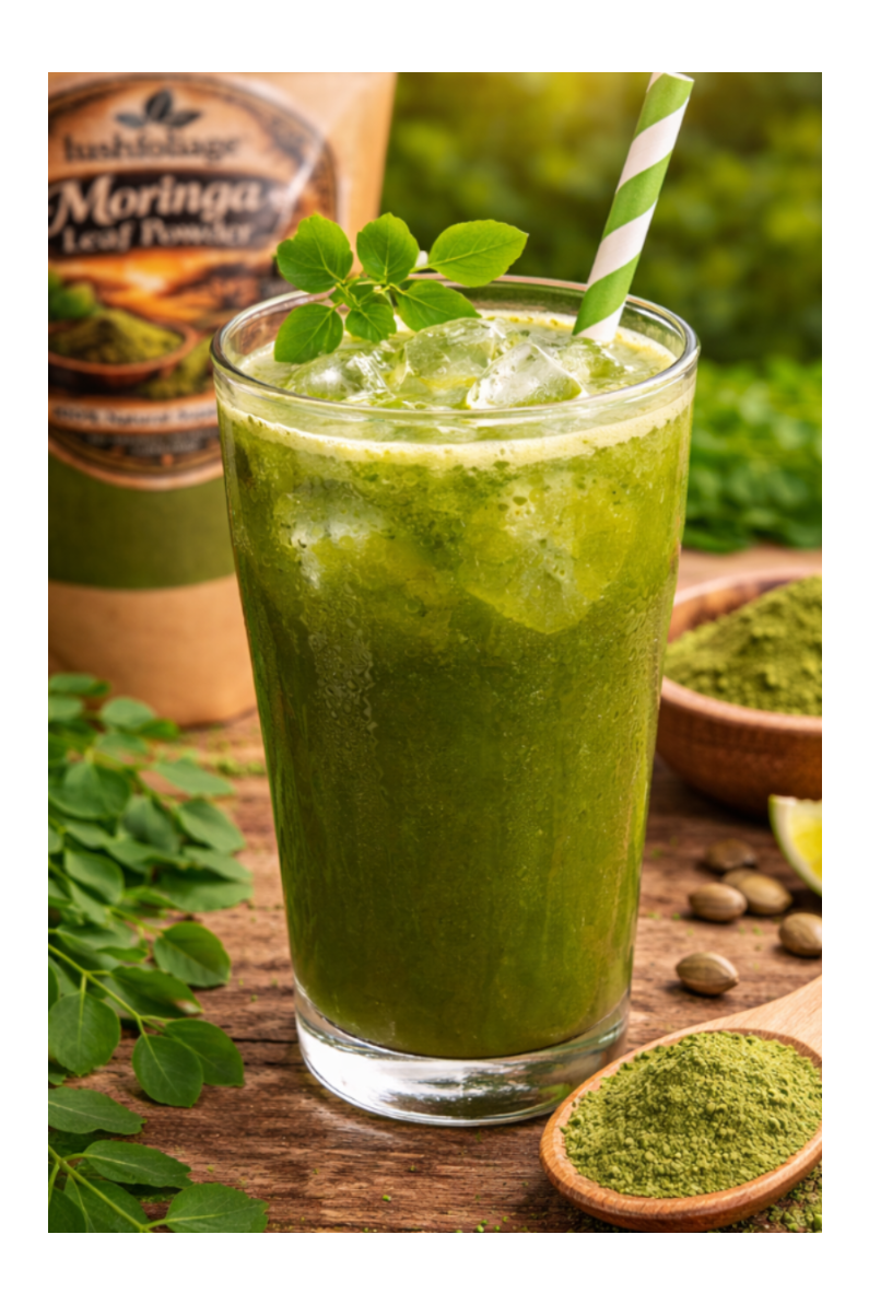 Green smoothie with Moringa Leaf Powder packaging